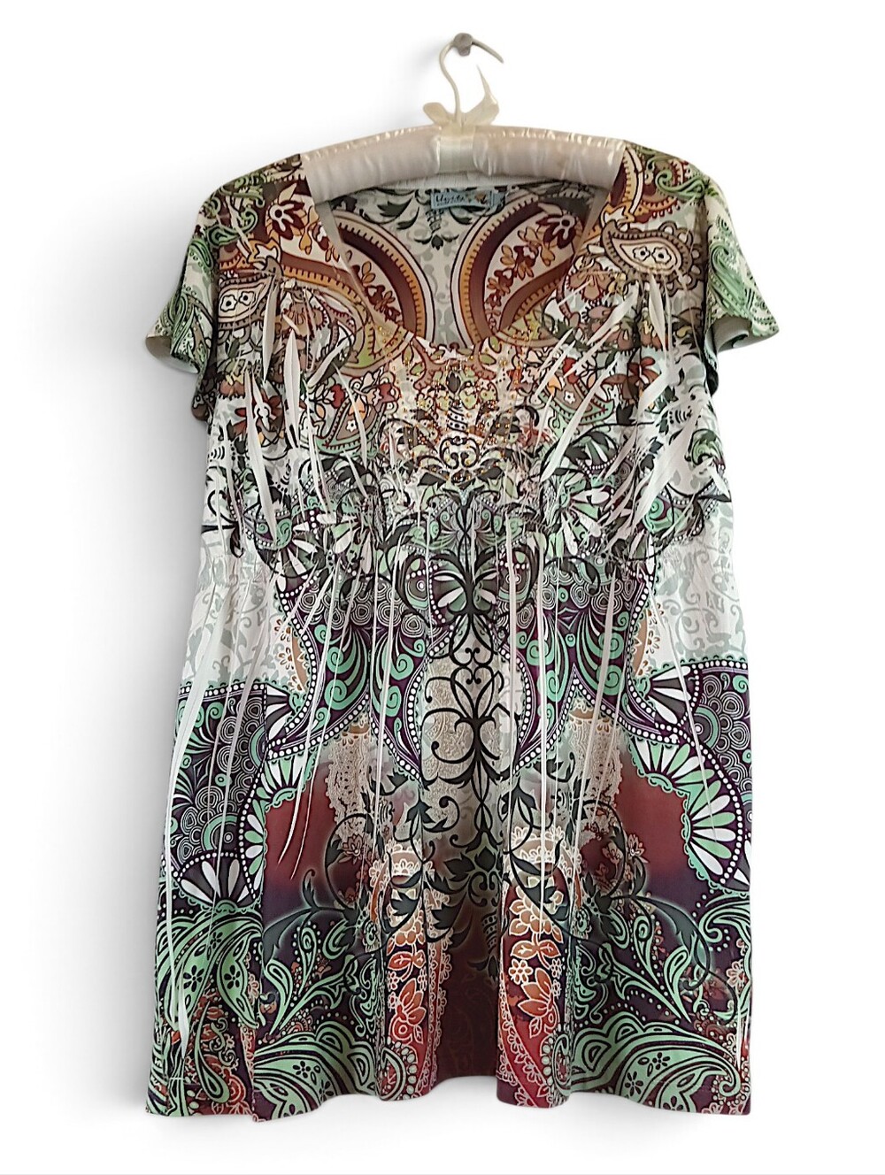 Unity World Wear Paisley Print Tunic Tie Dye Boho Hippie Green Brown Studs Flowy